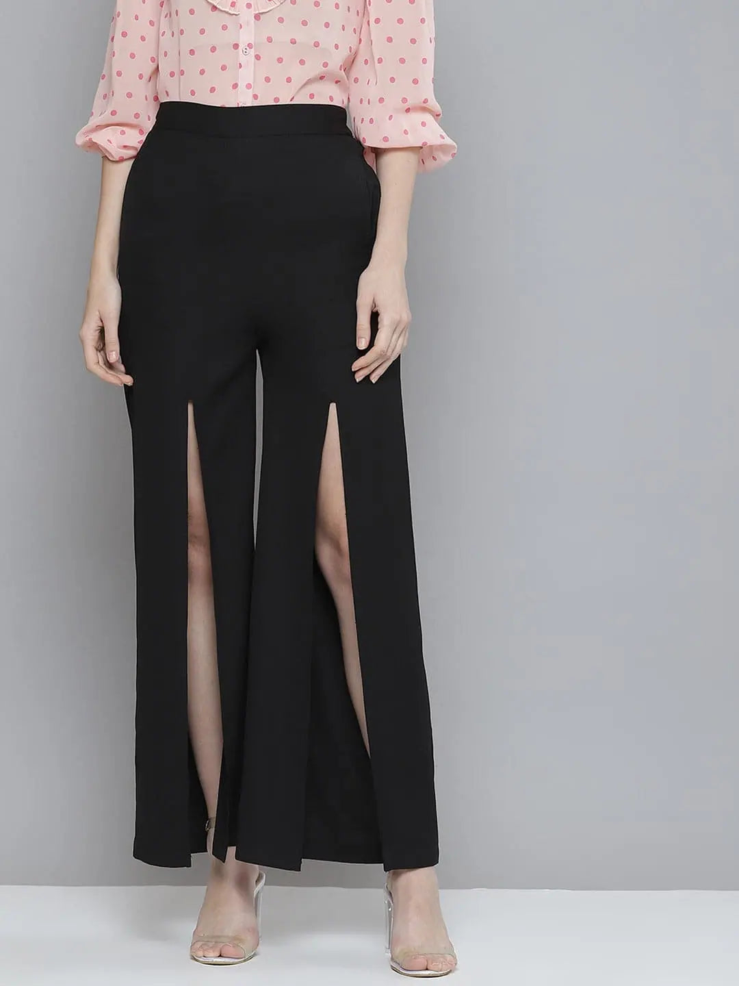 Black Wide Leg Pants with Front Slit | Women's Fashion