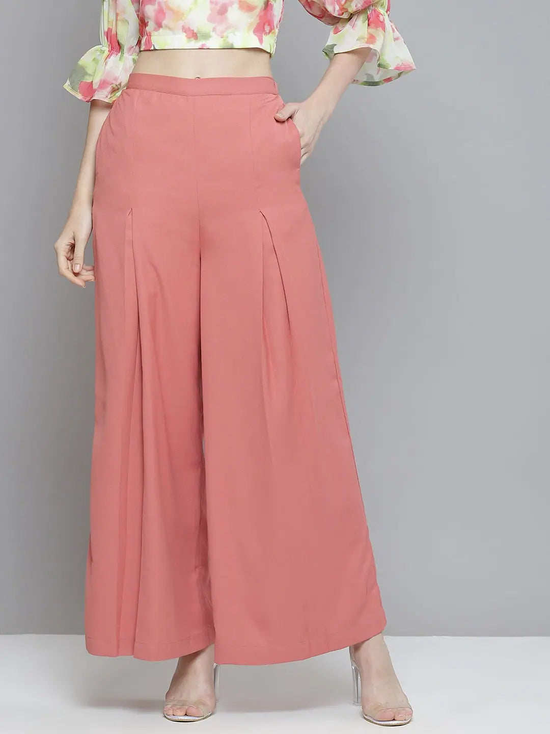 Pink Front Pleated Wide Leg Pants - Women's Western Wear