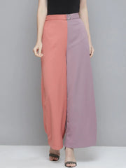 Women Pink & Lavender ColourBlock Belted Wide Leg Pants