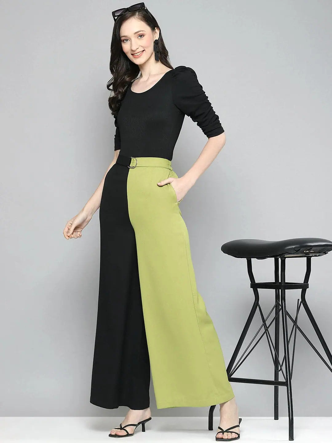 Green & Black Colorblock Wide Leg Pants - Women's Western Wear