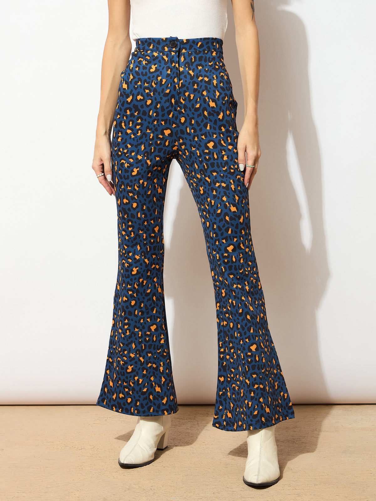 Women Navy Cheetah Scuba Bell Bottom Pants-SFPANT5687