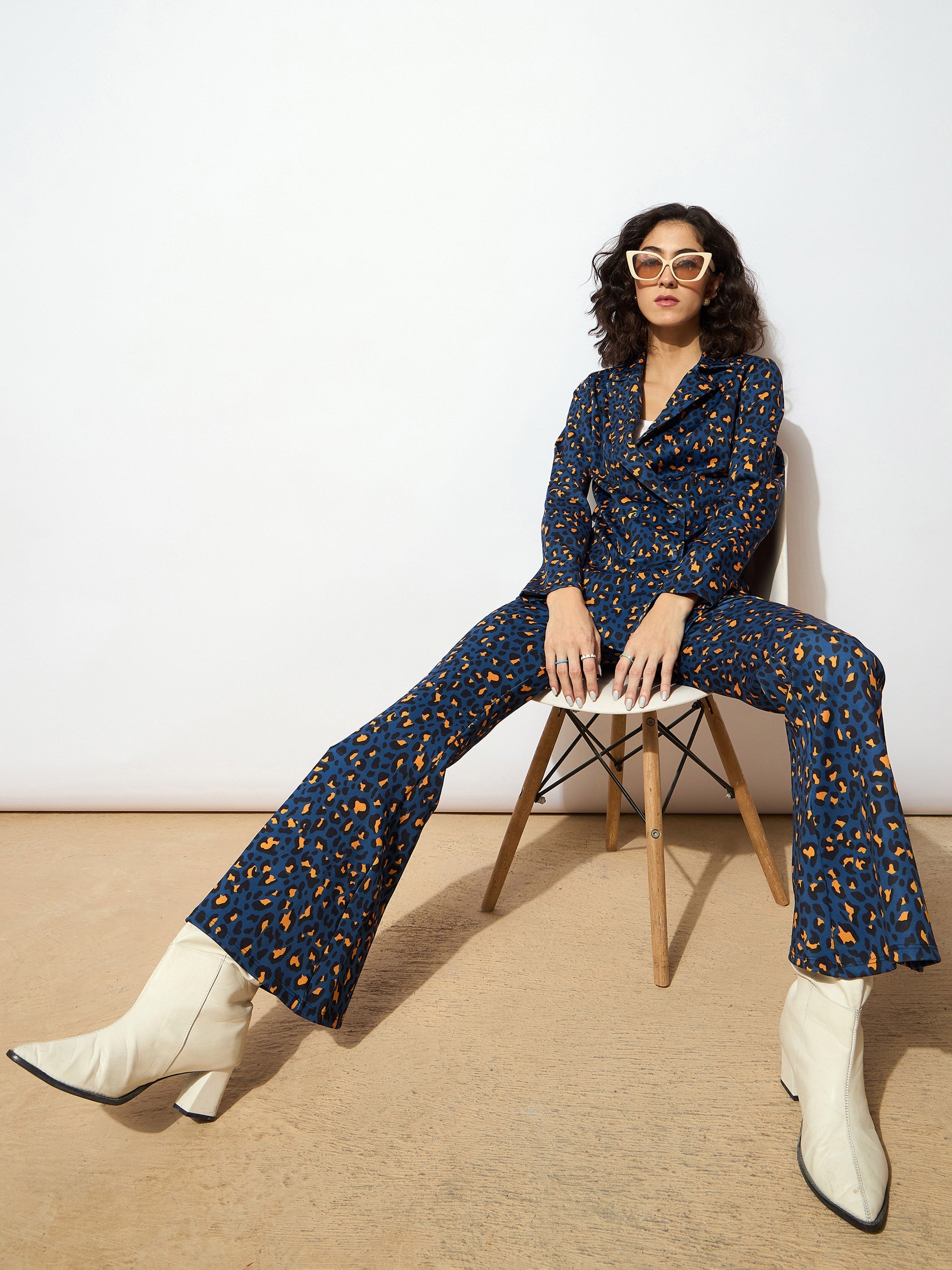 Women Navy Cheetah Scuba Bell Bottom Pants-SFPANT5687