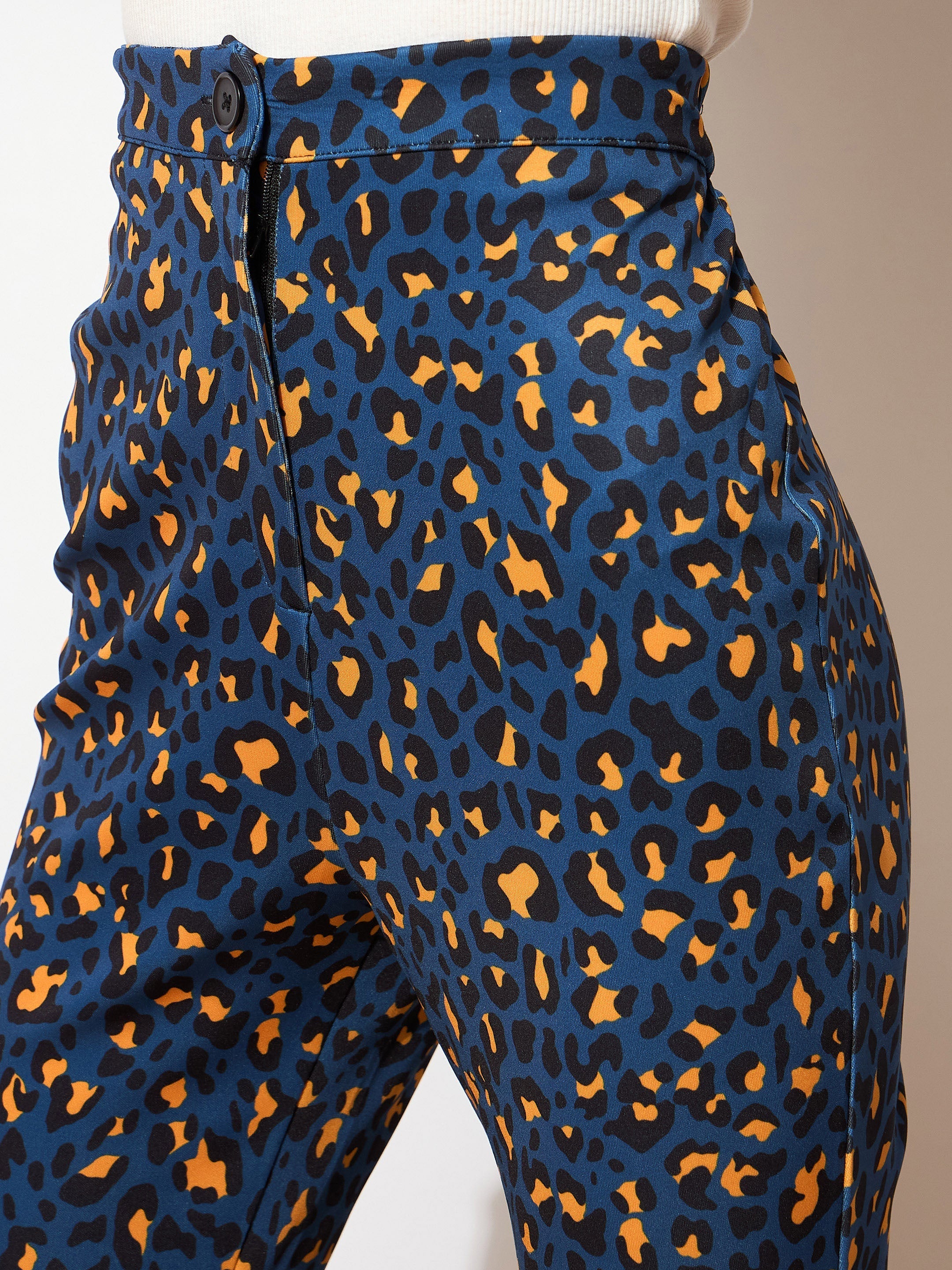 Women Navy Cheetah Scuba Bell Bottom Pants-SFPANT5687