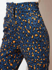 Women Navy Cheetah Scuba Bell Bottom Pants-SFPANT5687