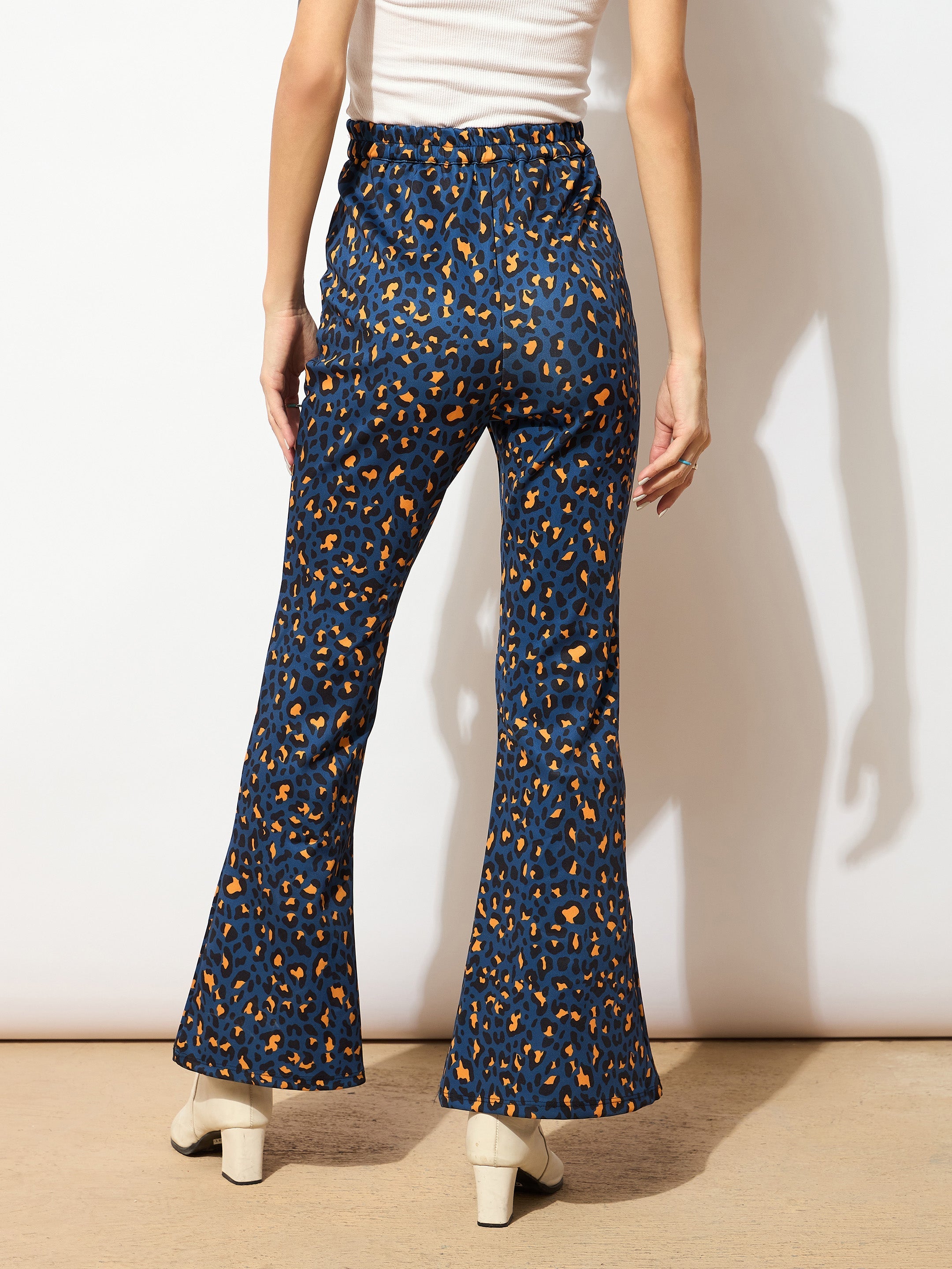 Women Navy Cheetah Scuba Bell Bottom Pants-SFPANT5687
