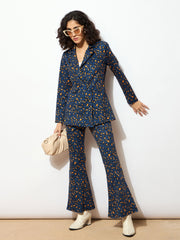 Women Navy Cheetah Scuba Bell Bottom Pants-SFPANT5687