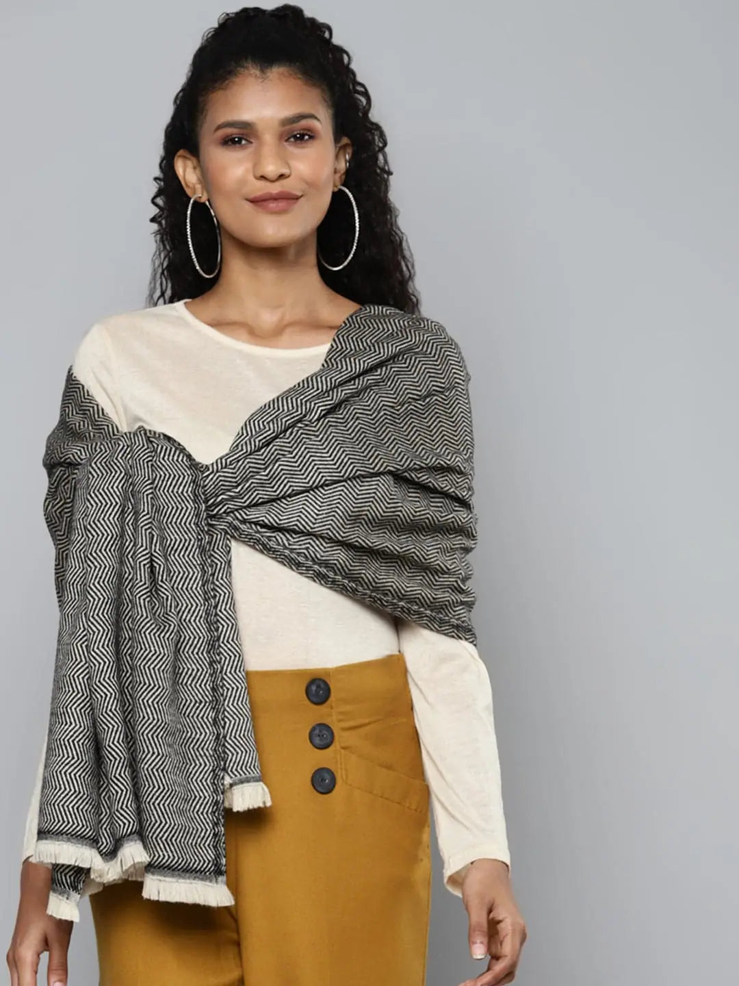 Beige & Black Chevron Stole - Dupattas and Stoles Online