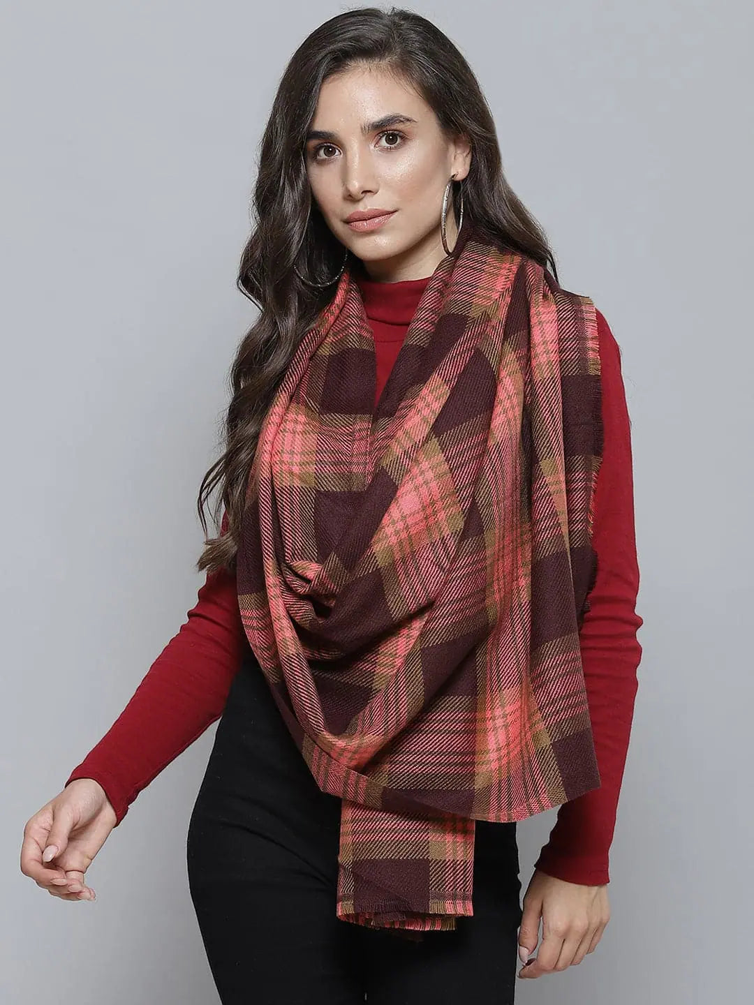 Burgundy & Peach Check Stole - Buy Dupattas and Stoles Online