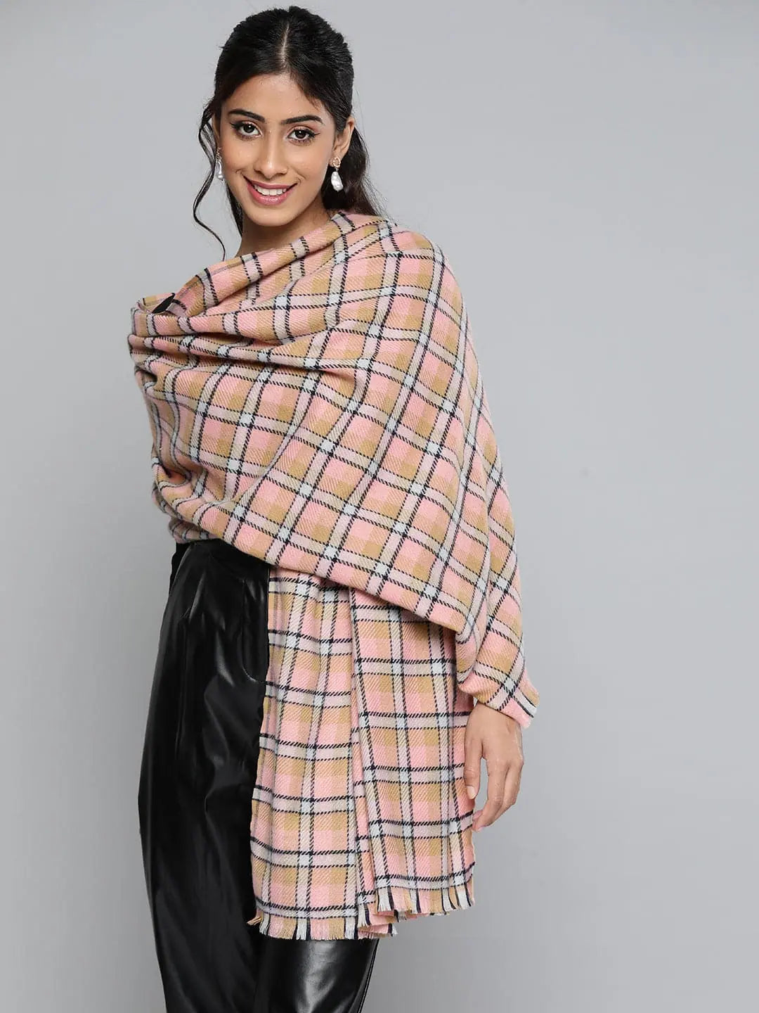 Peach & Navy Check Stole - Shop Dupattas & Stoles Online Now