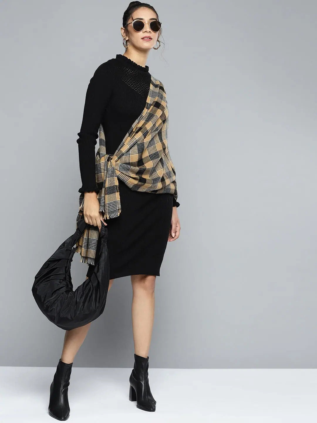 Mustard & Black Check Polyester Stole | Dupattas and Stoles