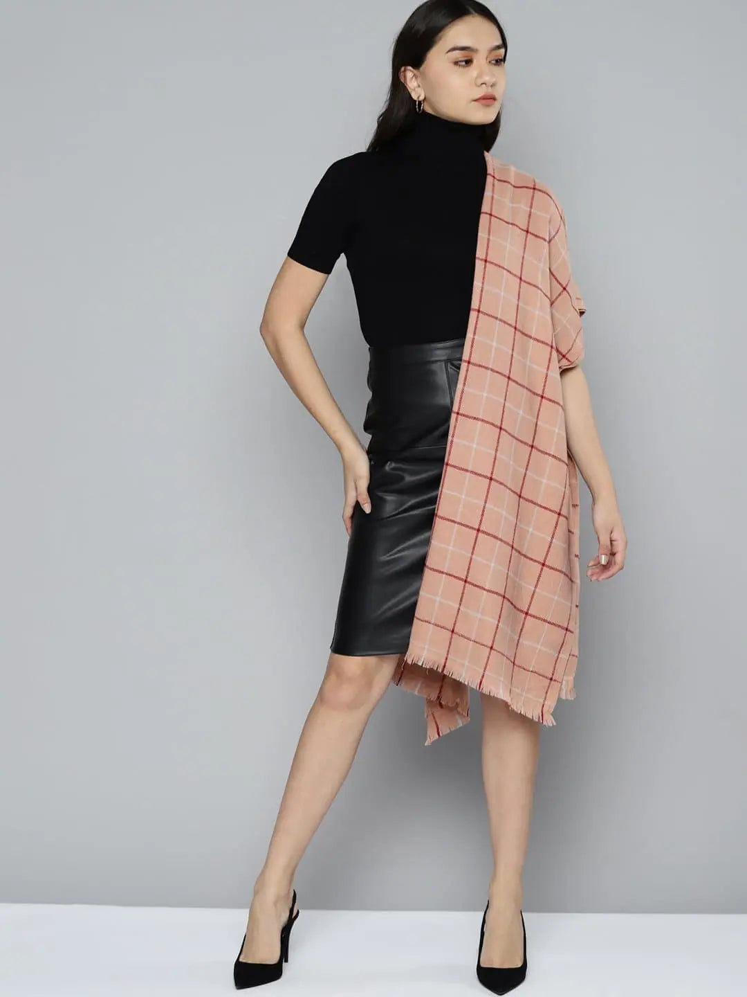 Dusty Peach Check Stole | Stylish Dupattas and Stoles Online