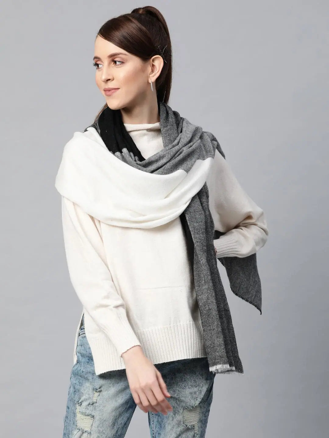 Wholesale Grey & White Colour Block Acrylic Wool Stole