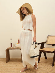 Women Off-White Crochet Round Neck Top With Straight Skirt-SFSETS42289-35018