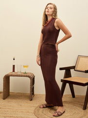 Women Brown Crochet Round Neck Top With Straight Skirt-SFSETS42290-35019