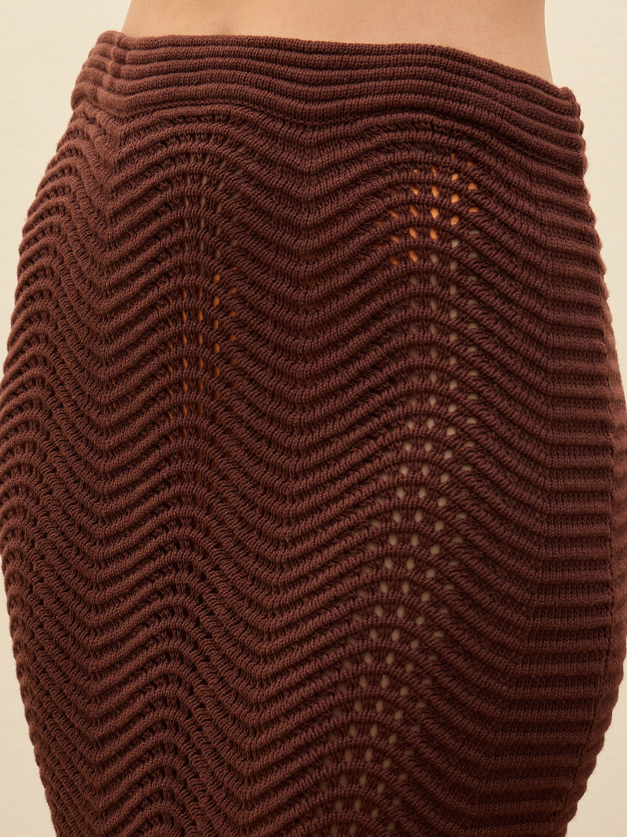 Women Brown Crochet Round Neck Top With Straight Skirt-SFSETS42290-35019