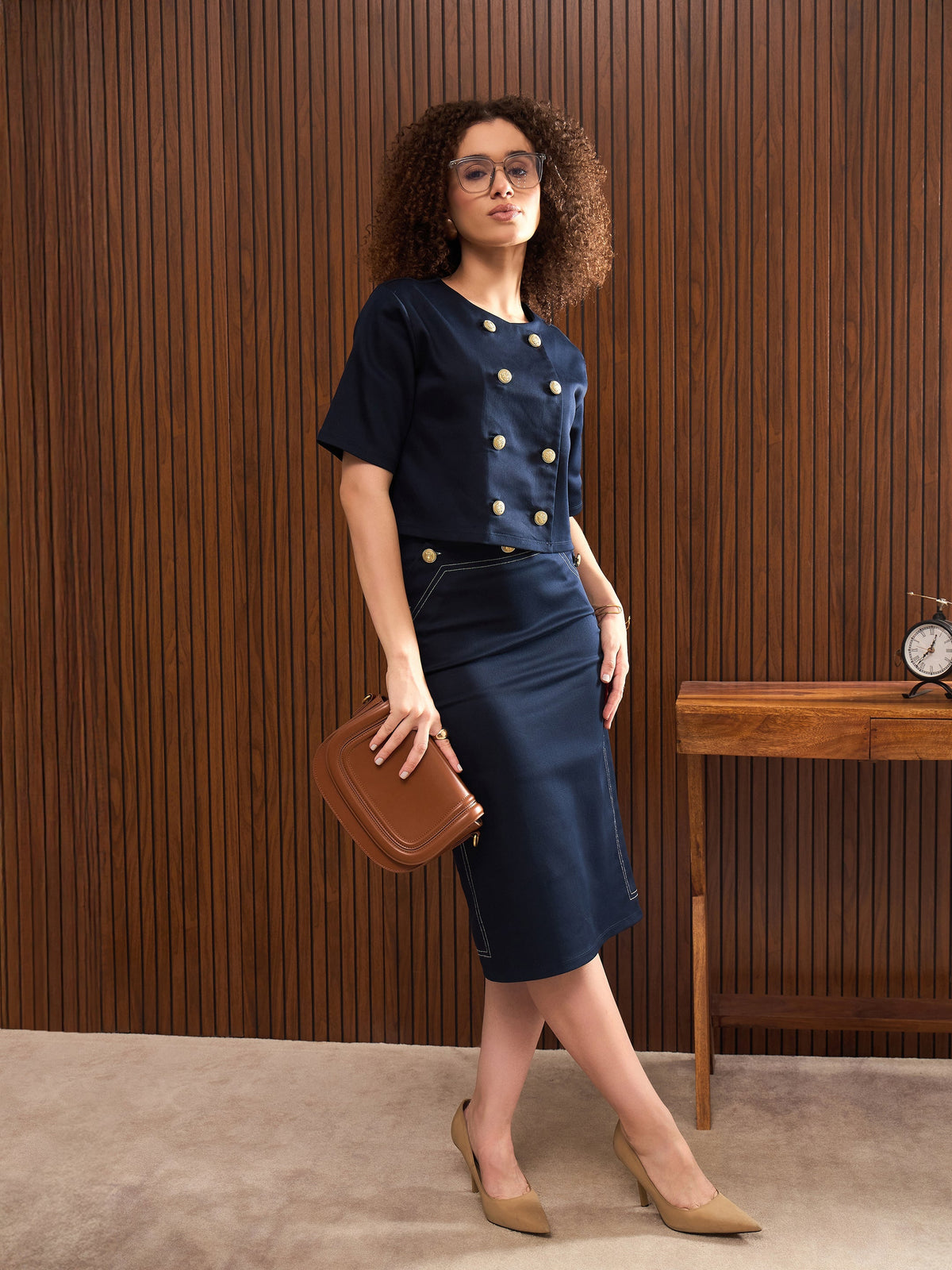 Women Navy Twill Double Breast Top With Short Skirt-SFSETS42319-35025
