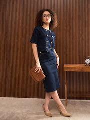 Women Navy Twill Double Breast Top With Short Skirt-SFSETS42319-35025