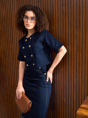 Women Navy Twill Double Breast Top With Short Skirt-SFSETS42319-35025