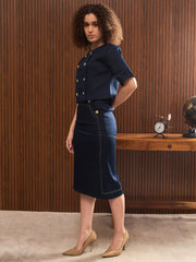 Women Navy Twill Double Breast Top With Short Skirt-SFSETS42319-35025