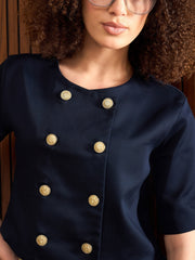 Women Navy Twill Double Breast Top With Short Skirt-SFSETS42319-35025
