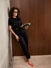 Women Black Button Down Darted Top with Pants-SFSETS42321-51214