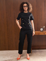 Women Black Button Down Darted Top with Pants-SFSETS42321-51214