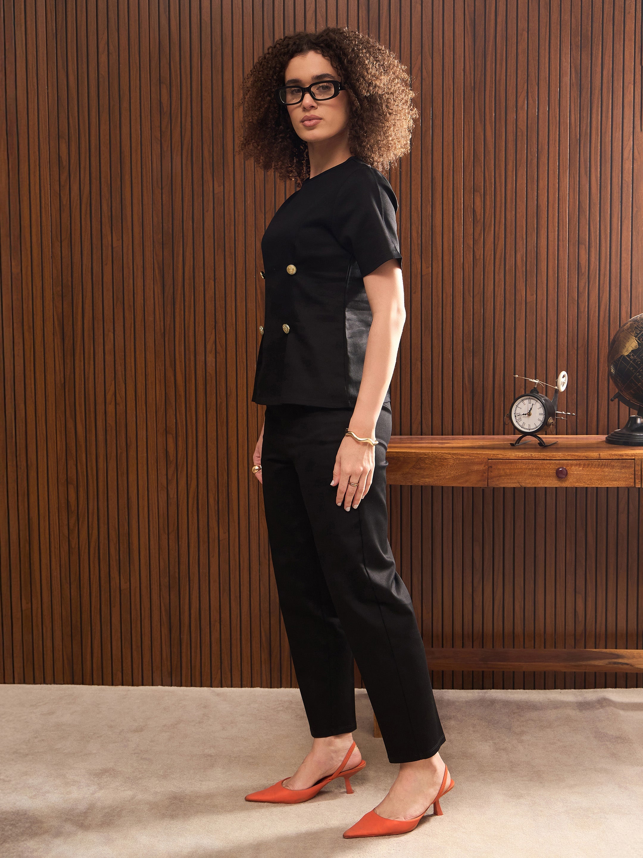 Women Black Button Down Darted Top with Pants-SFSETS42321-51214