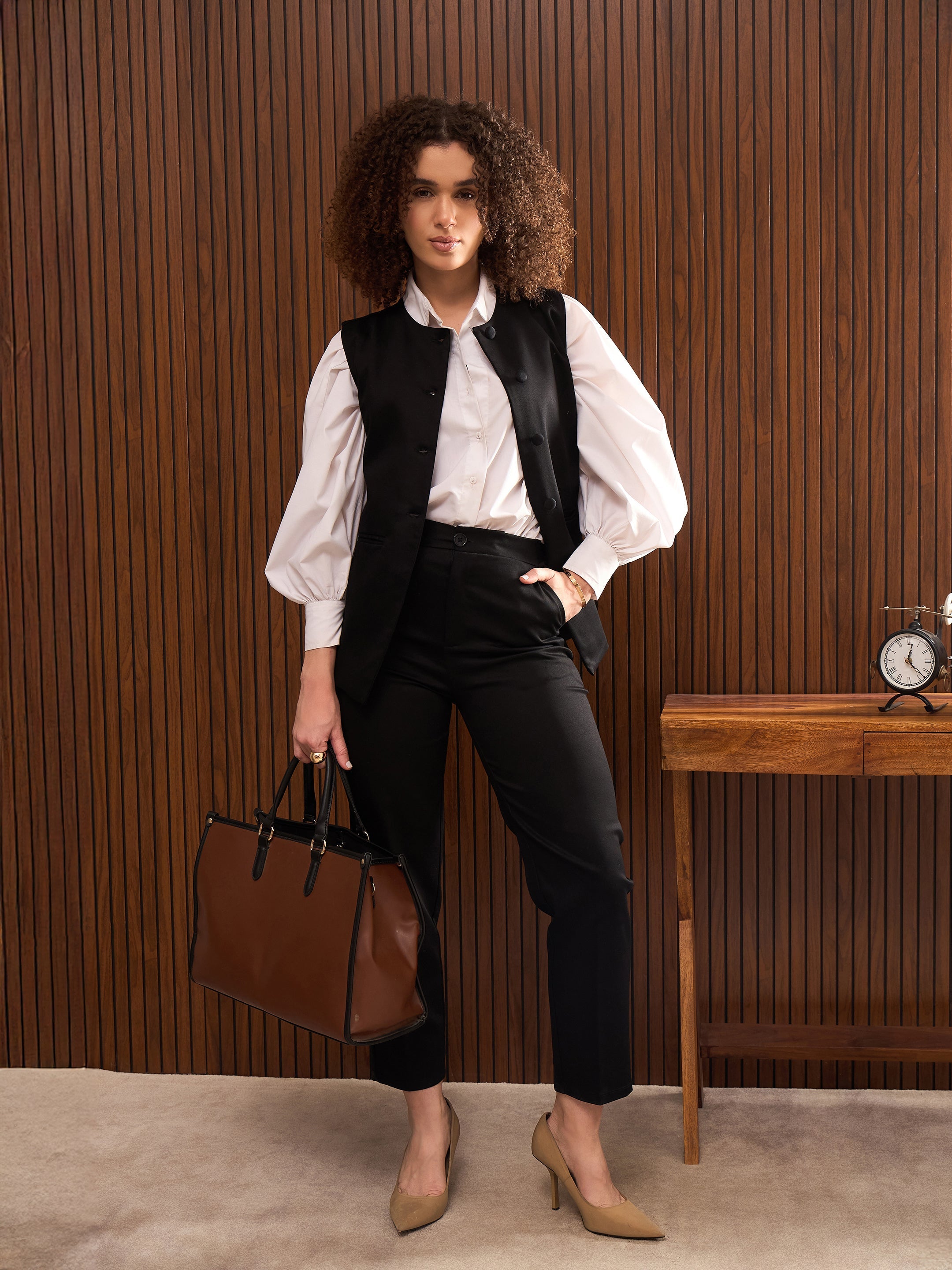 Women Black Longline Top With Pants-SFSETS42325-51218
