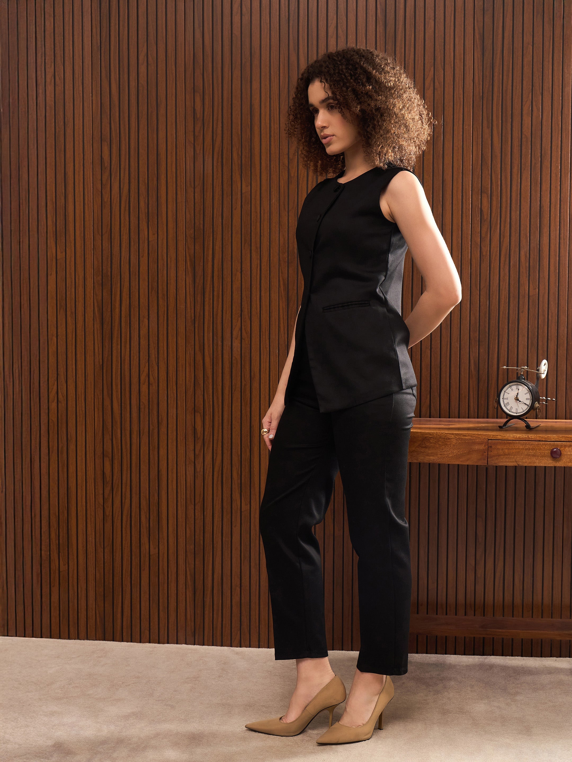 Women Black Longline Top With Pants-SFSETS42325-51218