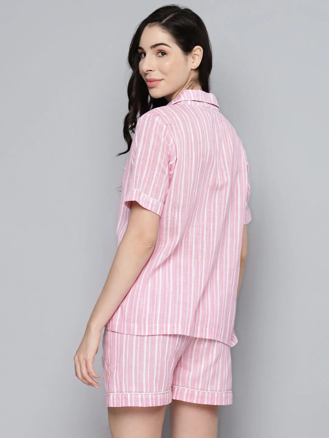 Pink & White Striped Night Suit - Comfy Pajamas for Women