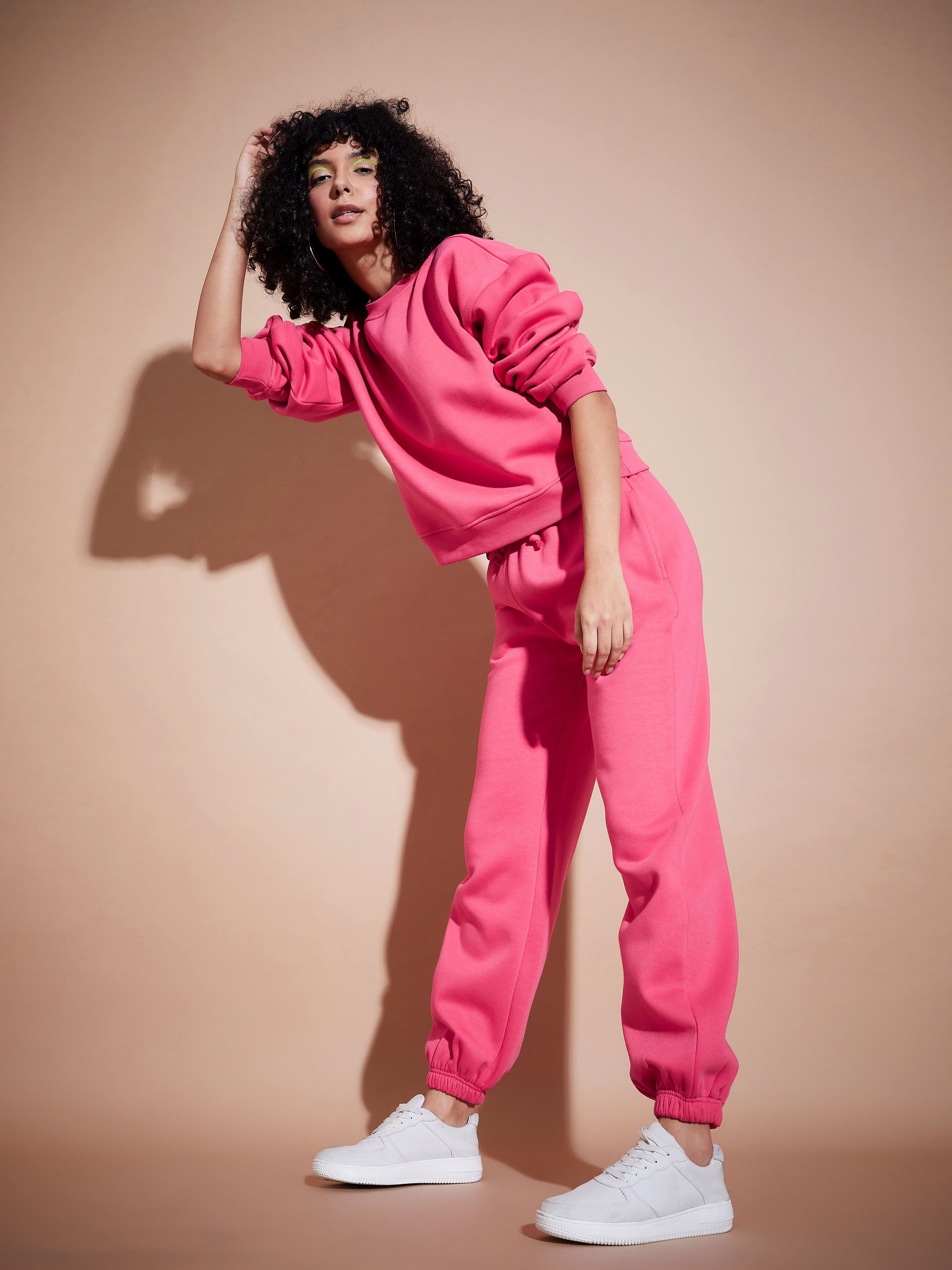 Women Pink Premium Fleece Oversized Sweatshirt With Joggers-SFSETS95769