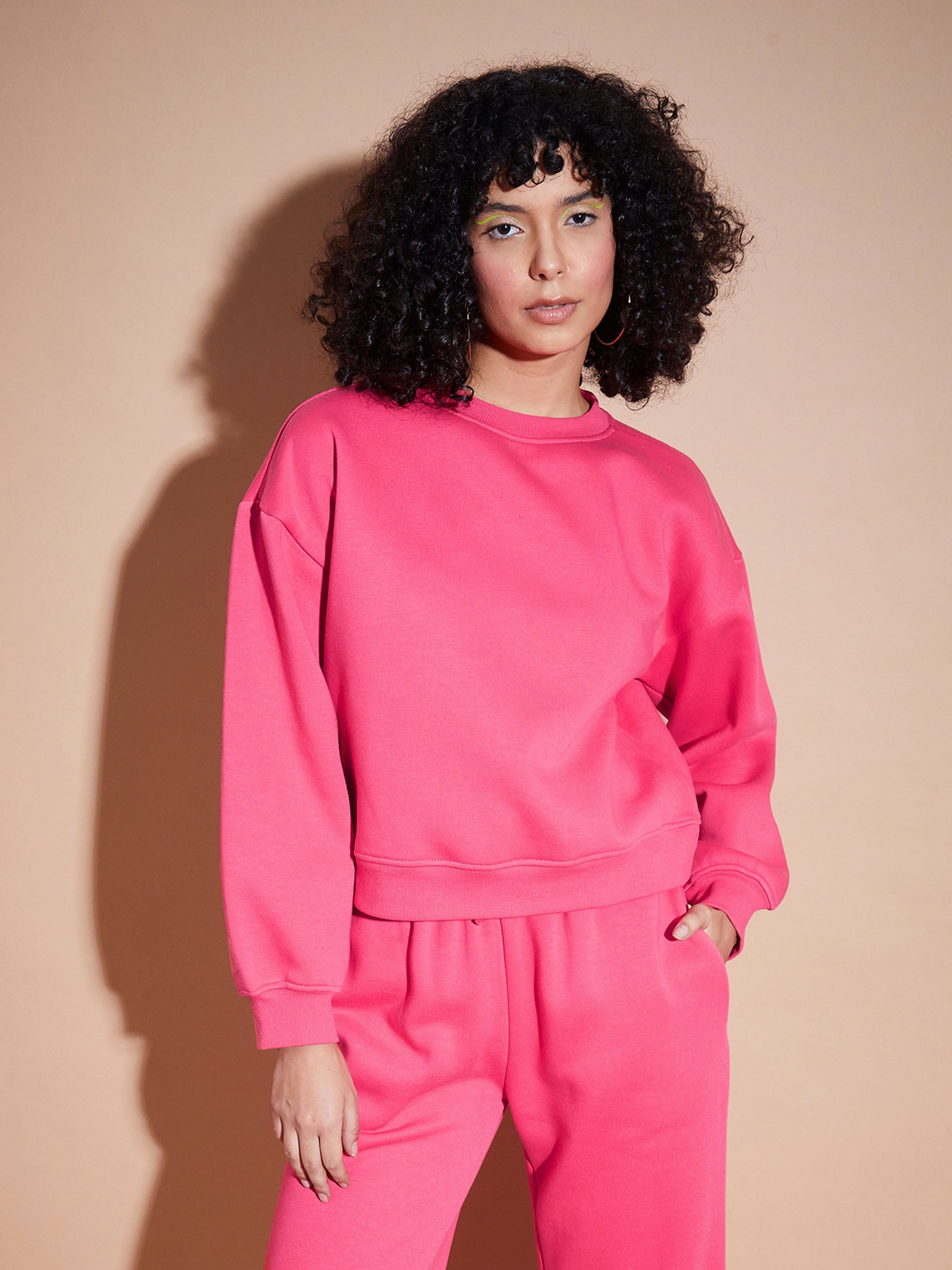 Women Pink Premium Fleece Oversized Sweatshirt With Joggers-SFSETS95769