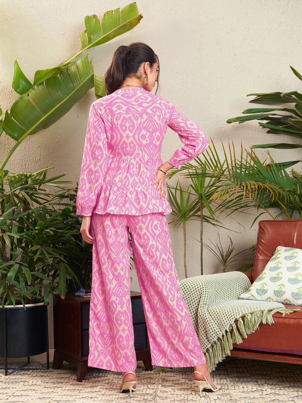Pink Ikat Co Ord Sets Women | Tiered Shirt & Palazzo Pants