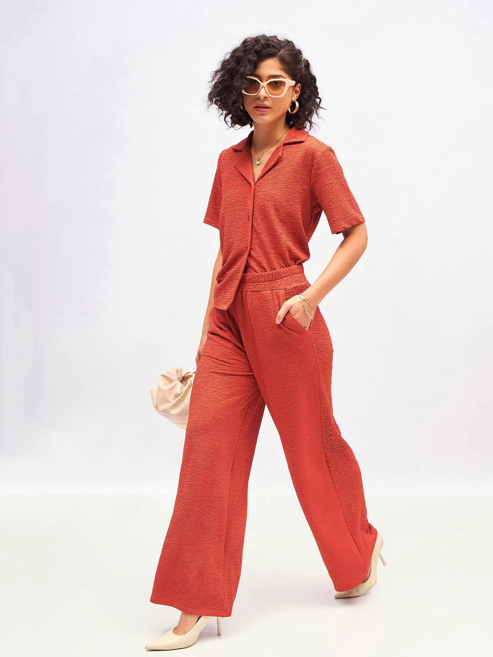 Rust Knit Two Piece Sets: Notch Collar Shirt & Darted Pants