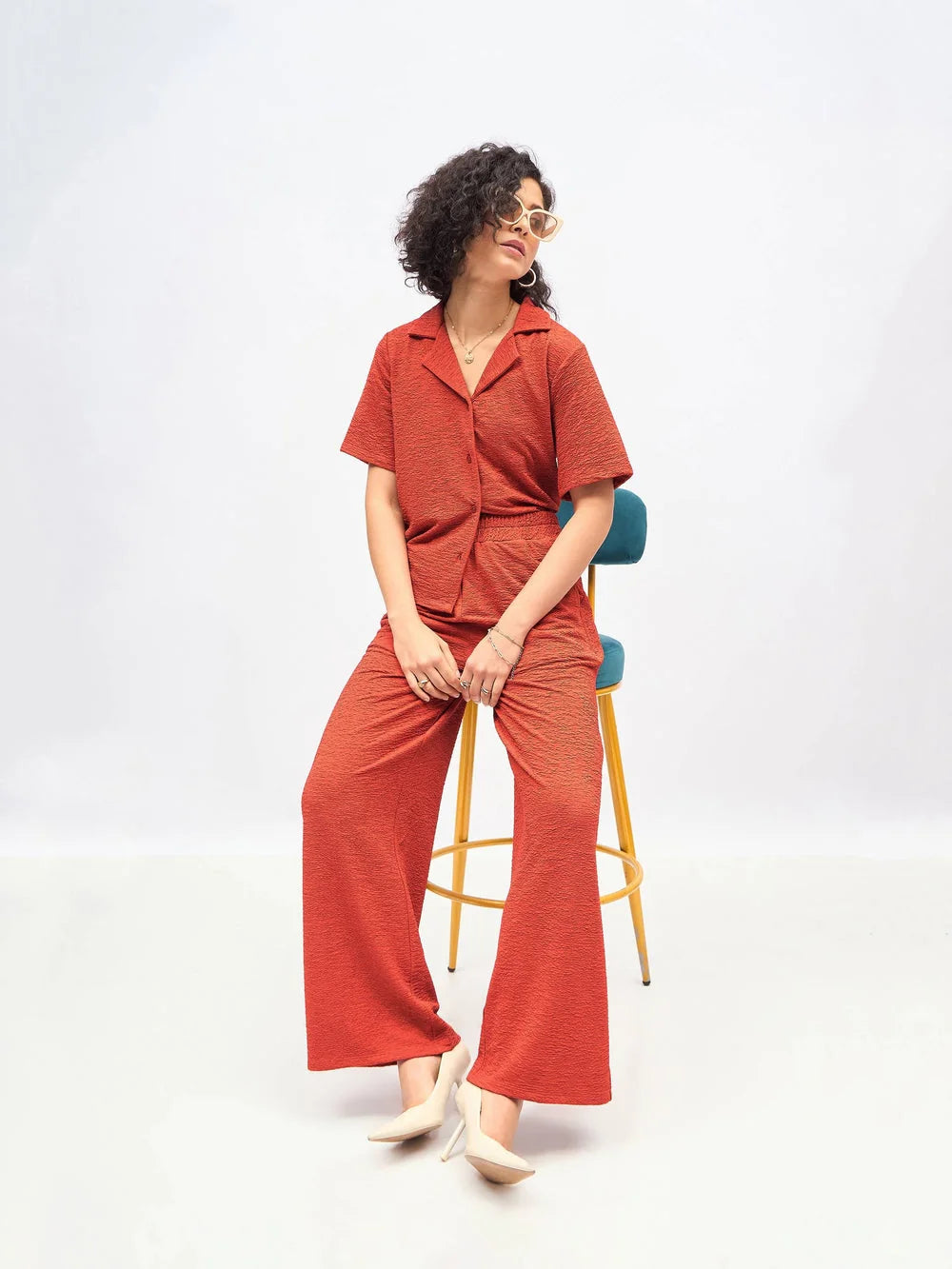 Rust Knit Two Piece Sets: Notch Collar Shirt & Darted Pants