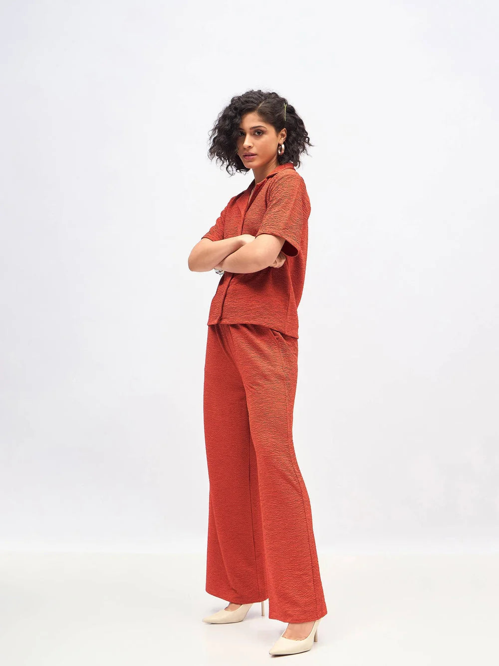 Rust Knit Two Piece Sets: Notch Collar Shirt & Darted Pants