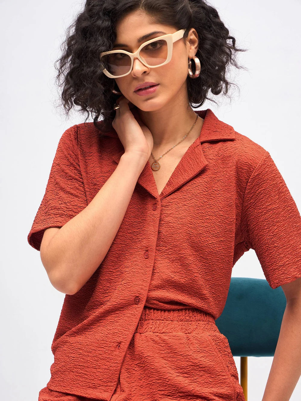 Rust Knit Two Piece Sets: Notch Collar Shirt & Darted Pants