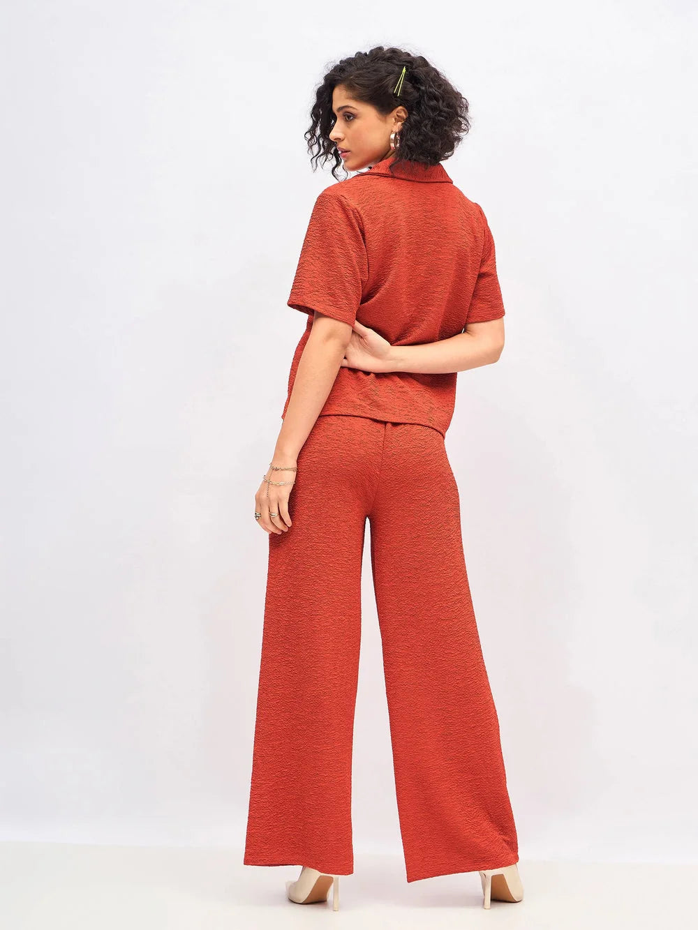 Rust Knit Two Piece Sets: Notch Collar Shirt & Darted Pants