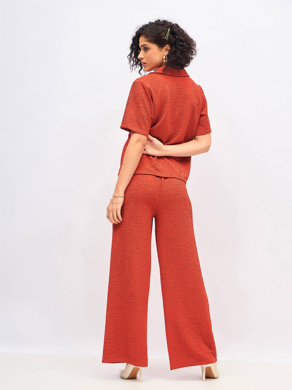 Rust Knit Two Piece Sets: Notch Collar Shirt & Darted Pants