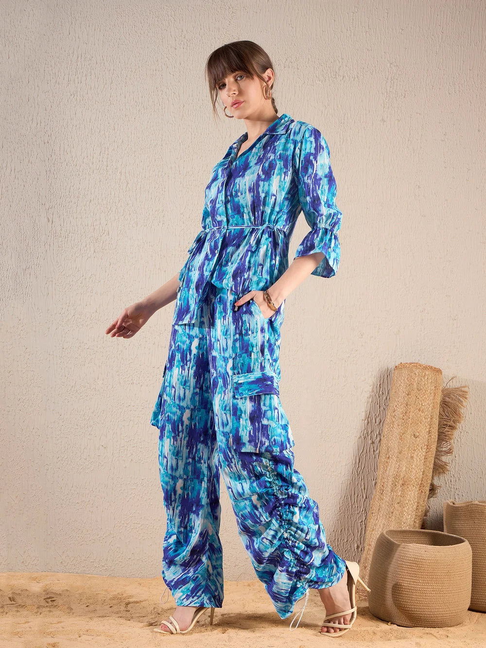 Brushstroke Co Ord Sets For Women: Blue Tie Shirt & Cargo