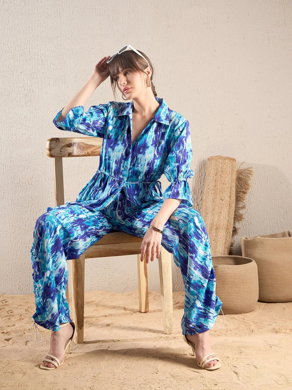 Brushstroke Co Ord Sets For Women: Blue Tie Shirt & Cargo