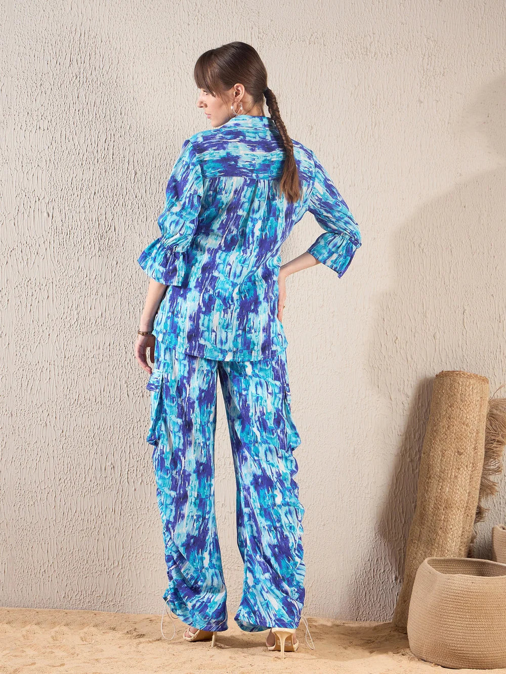 Brushstroke Co Ord Sets For Women: Blue Tie Shirt & Cargo