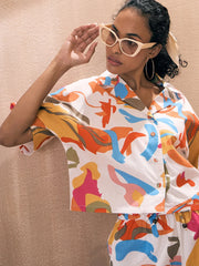 Women Pink Poplin Abstract Notch Collar Shirt With Shorts