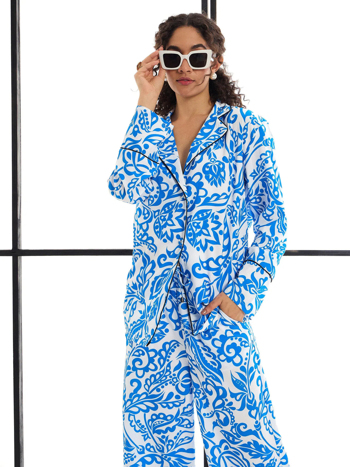 Women Blue Floral Lounge Shirt With Pants-SFSETS95981