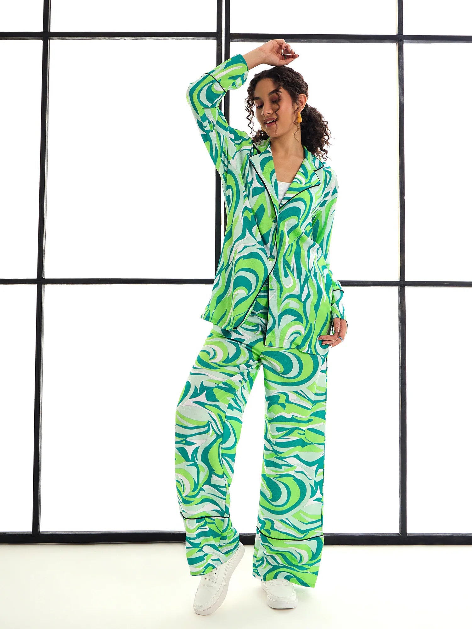 Green Abstract Print Women's Co Ord Sets- Lounge Shirt & Pants