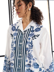 Women White & Blue Floral Lounge Shirt With Pants-SFSETS95986