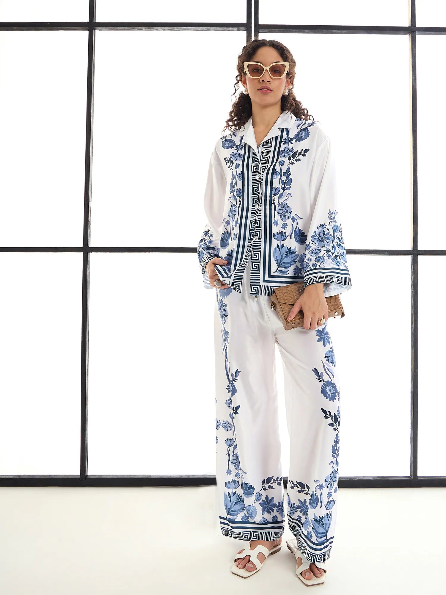 White & Blue Floral Co ord Sets: Women's Lounge Shirt & Pants