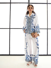 Women White & Blue Floral Lounge Shirt With Pants-SFSETS95986