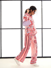 Women Pink & Red Floraled Lounge Shirt With Pants-SFSETS95987