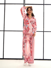 Women Pink & Red Floraled Lounge Shirt With Pants-SFSETS95987